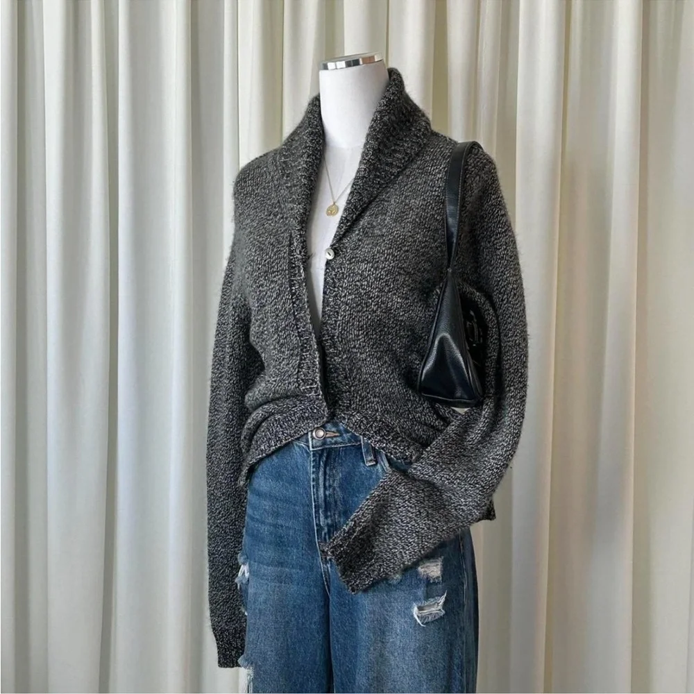VTG NEIMAN MARCUS 100% Cashmere Shawl Collar Cardigan Dark Gray Marled Knit M. - Picture 3 of 8